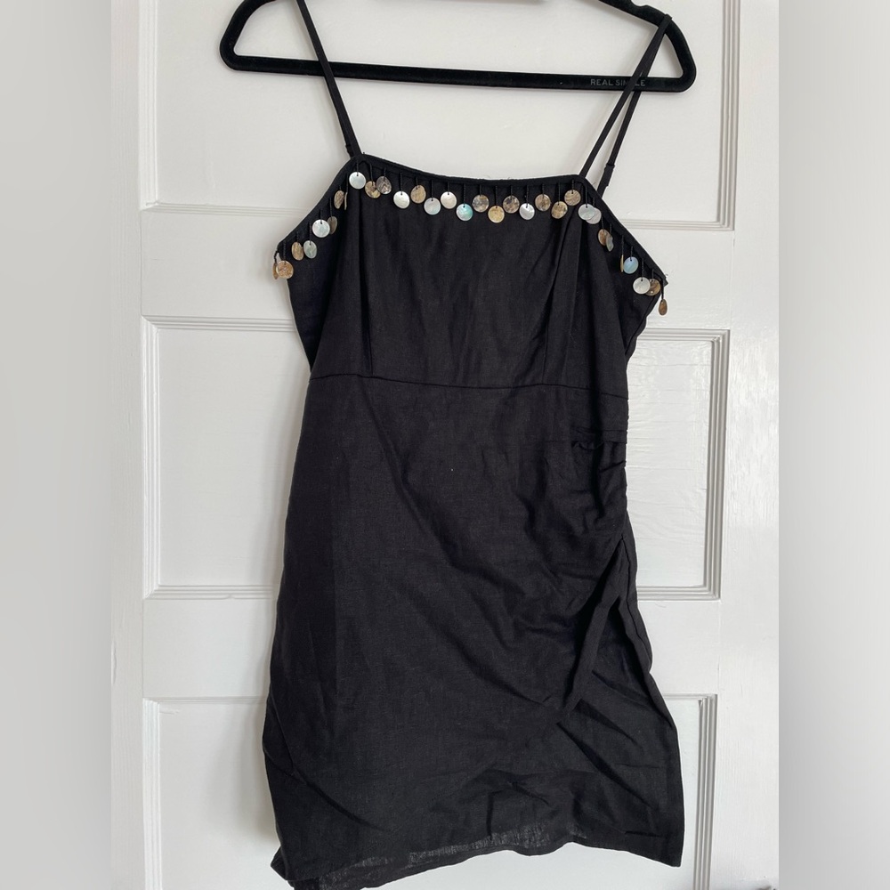 Rare! Zara Mother-of-Pearl Shell & Bead Trim Linen Strappy Short Slip Dress - Picture 3 of 3
